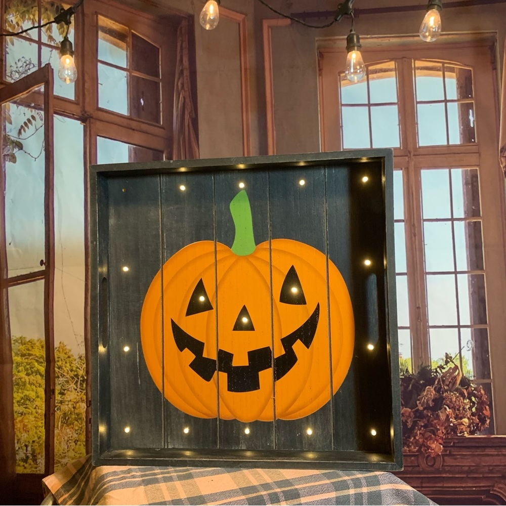 Wooden Halloween Pumpkin Light Up Tray Serving Decor Decoration  Thanksgiving